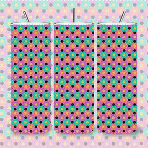 May include: Three stainless steel tumblers with a colorful geometric pattern. The pattern features a repeating design of black dots, yellow, teal, and pink flower-like shapes on a purple background. Each tumbler has a silver straw.