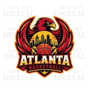 May include: A graphic logo featuring a stylized red and black eagle with wings spread wide, clutching a basketball in front of a yellow sunset silhouette of the Atlanta city skyline. The text ATLANTA BASKETBALL is printed in bold yellow letters.