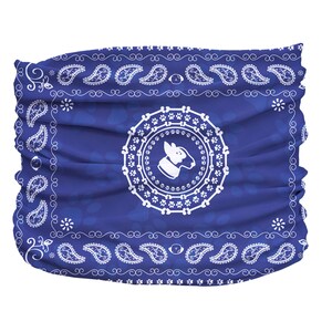 May include: A blue bandana with a white paisley pattern and a white silhouette of a dog's head in the center.