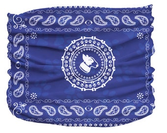 May include: A blue bandana with a white paisley pattern and a white silhouette of a dog's head in the center.