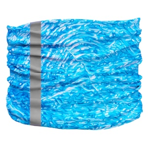 May include: A blue and white patterned neck gaiter with a reflective silver stripe down the side.