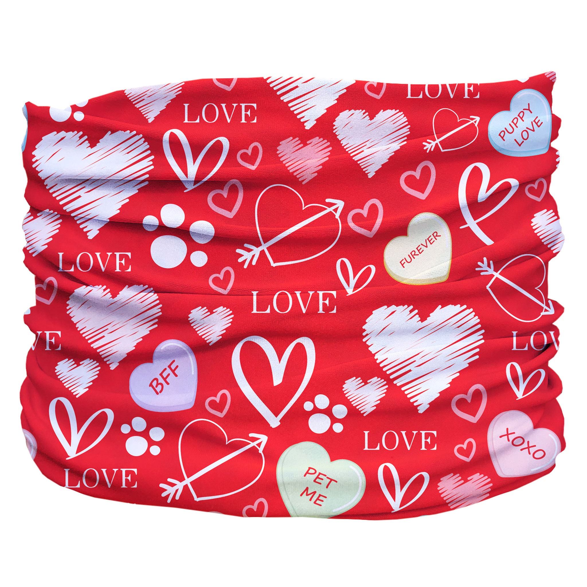 Dog Neck Gaiter, Small and Large breeds, No tying Easy Pull On Snood Calming Scarf Soft lightweight, comfortable. Puppy Love Valentines Day