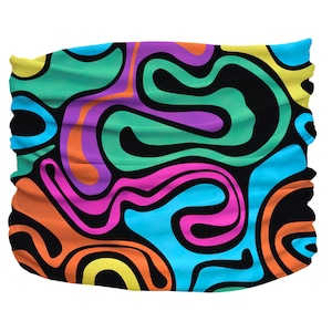May include: A colorful patterned neck gaiter with a black background and bright orange, yellow, green, blue, and pink wavy lines.
