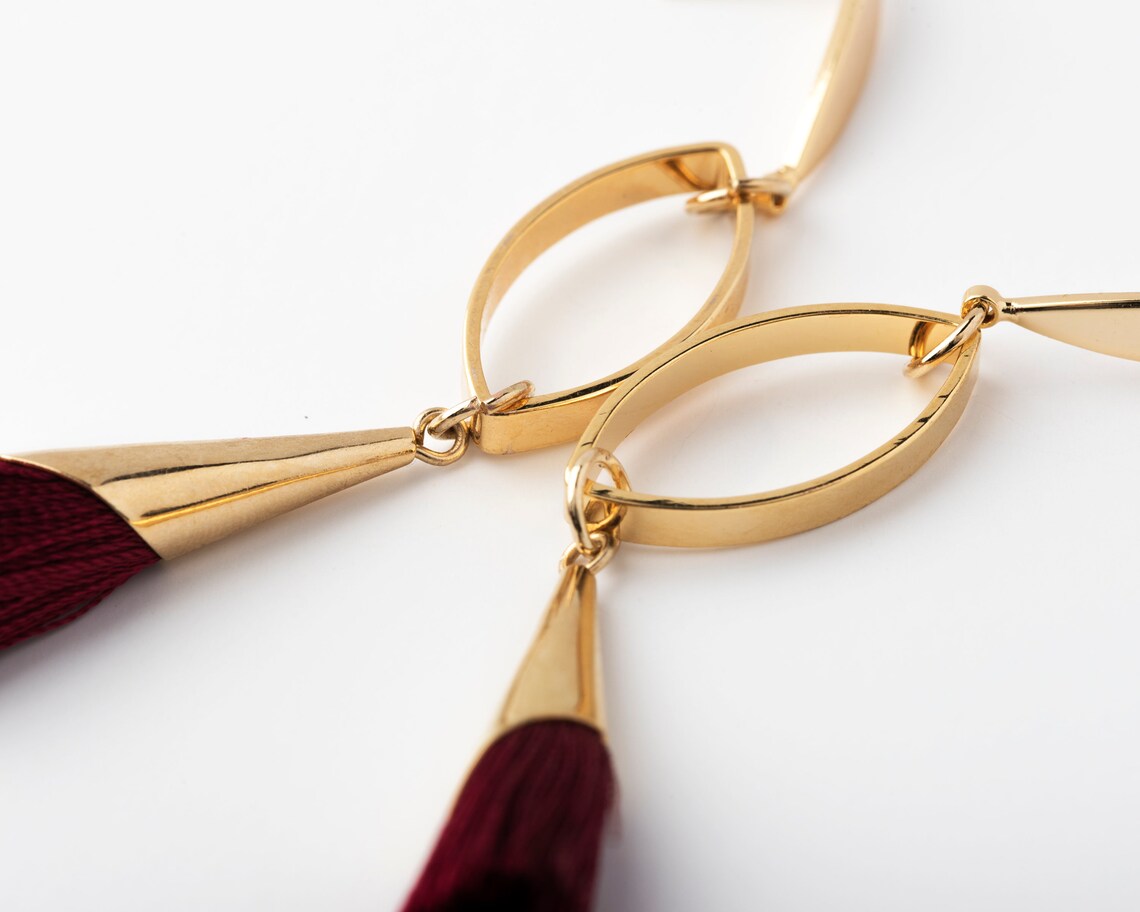 Red Tassel Earrings/gold Oval Earrings/gold Stud Earrings/boho Earrings/post Earrings for Women