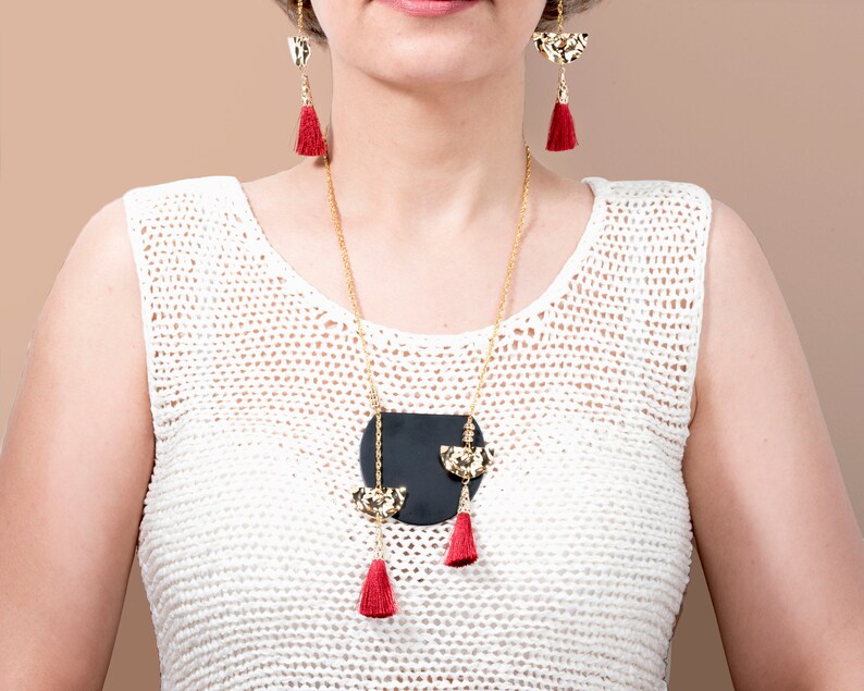 Tassel NecklaceBohemian NecklaceBlack NecklaceRed Tassel NecklaceGeometrical NecklaceBoho NecklaceModern Set JewelryValentine/'s Gift