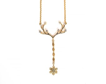 Sneeuwvlok kerstcadeau / hert hoorn ketting / sneeuwvlok ketting / gewei ketting / gouden hert delicate gewei ketting met CZ / Y lange ketting