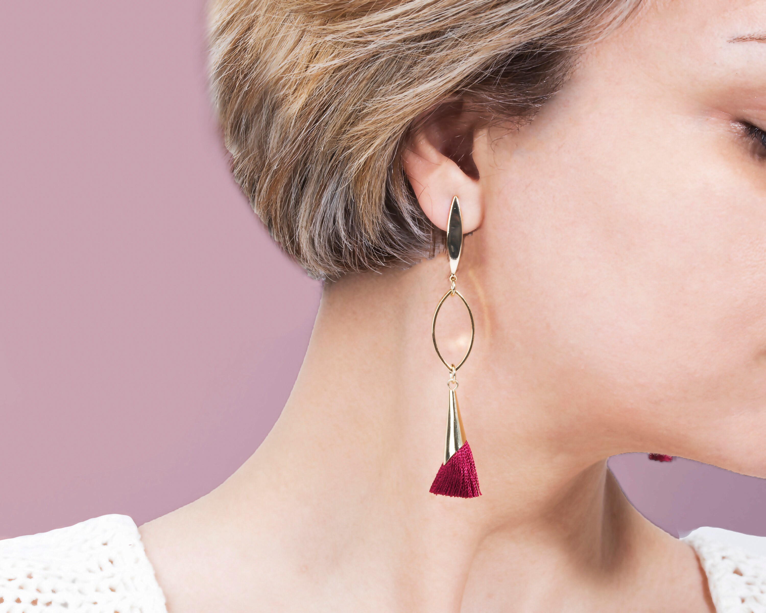 Red Tassel Earrings/gold Oval Earrings/gold Stud Earrings/boho Earrings/post Earrings for Women