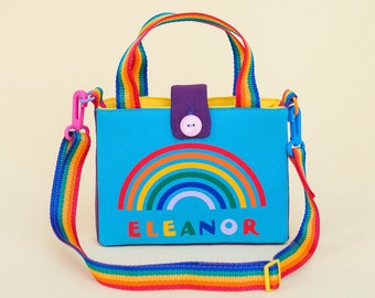 Rainbow bag for girls, personalised handmade unique birthday gift for daughter, crossbody bag, toddler girl, for granddaughter, (8"x6")