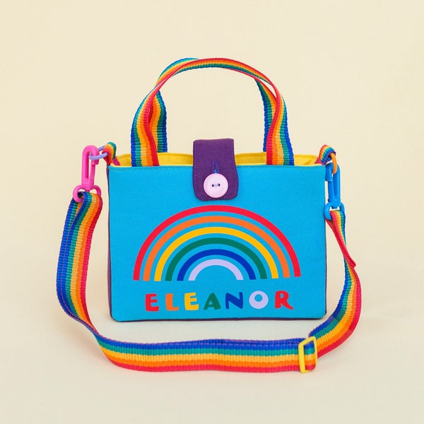 Rainbow bag for girls, personalised handmade unique birthday gift for daughter, crossbody bag, toddler girl, for granddaughter, (8"x6")