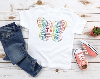 Girl's personalised butterfly t-shirt, birthday gift, rainbow t-shirt, custom tee, gifts for girls, for kids, for toddlers, for daughter
