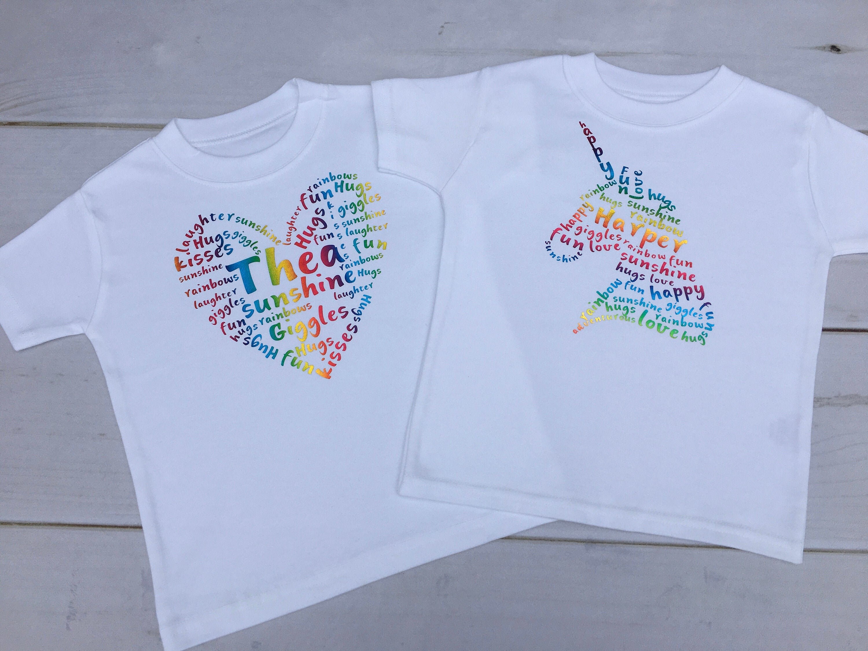 Personalised kids unicorn and heart t-shirt. Great birthday gift. Pic…