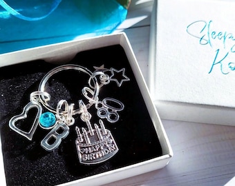 Personalised 80th Birthday charm bag clip or Keyring gift, age 80 eighty celebration present