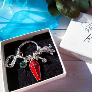 Personalised Vampire Charm Bag Clip or Keyring with Birthstone Initial Gift, Vampires Supernatural Present