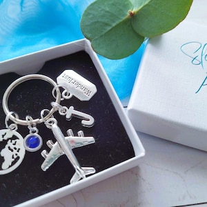 Wanderlust travel keyring or bag clip personalised gift, traveller present, air steward gift, holiday travels gift, add birthstone & initial