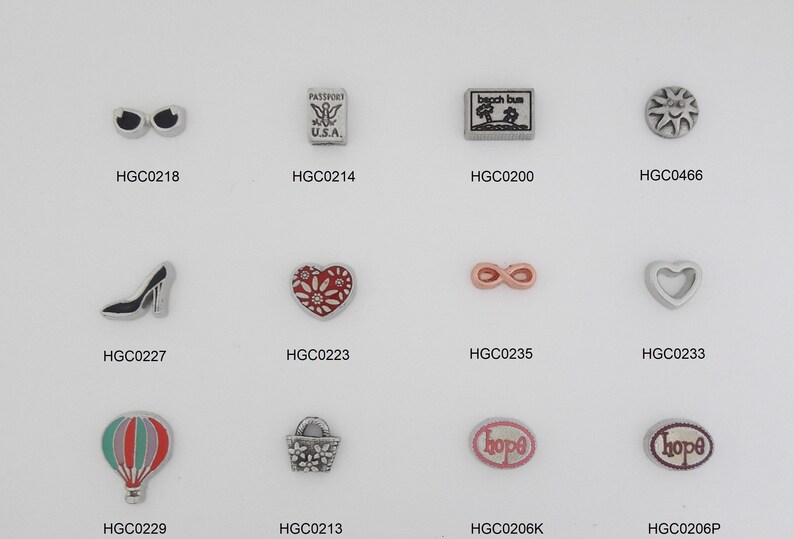 You Choose ~ Sunglasses Passport Sun Shoe Daisy Heart Hope Air Balloon Basket Gold or Silver Color Floating Charm for Memory Glass Locket
