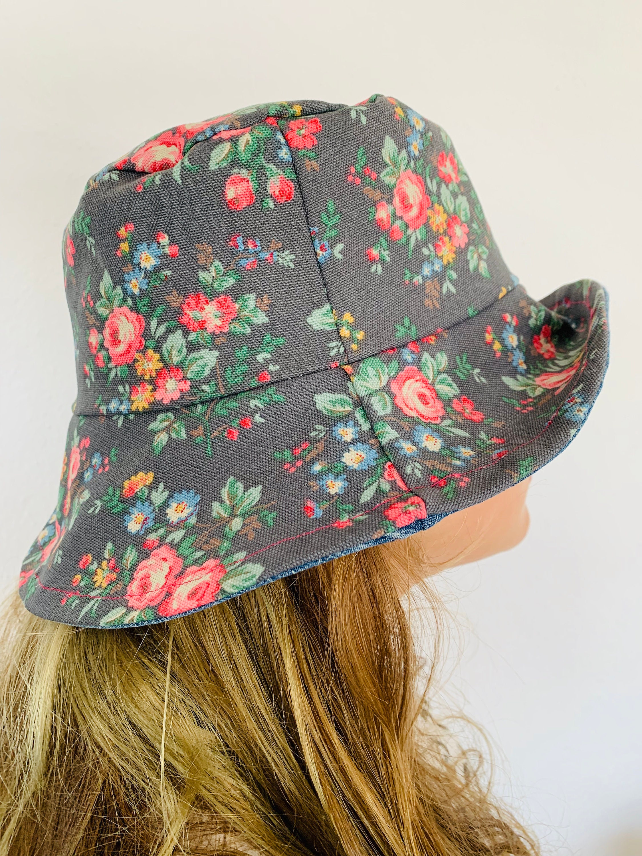 Reversible Bucket Hat Floral and Denim 