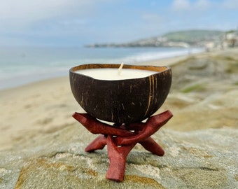 Vela de cáscara de coco REAL con soporte de madera, vela hecha a mano por encargo, vela de cera de soja 100 %, vela con fragancia premium, vela de coco de lujo