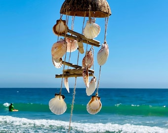 Carillón de viento de concha: decoración costera de concha de coco y madera flotante