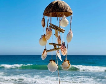 Coconut Shell Wind Chime, Seashell Wind Chime, Beach Wind Chime, Wood Wind Chime, Driftwood & Sea Shell Wind Chime, Beach Wind Chime