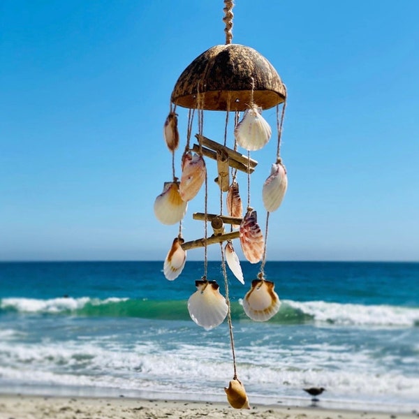 Coconut Shell Wind Chime, Seashell Wind Chime, Beach Wind Chime, Wood Wind Chime, Driftwood & Sea Shell Wind Chime, Beach Wind Chime