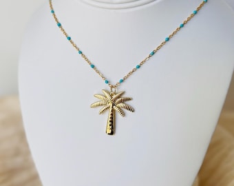 Collar con colgante de palmera bañado en oro: cadena de cuentas esmaltadas resistente al deslustre