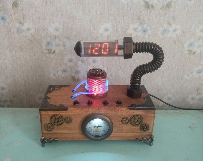 Steampunk nixie tube stylisation led clock , with night light in natural wooden case. Customised with engraving sign.  Desk clock for home.