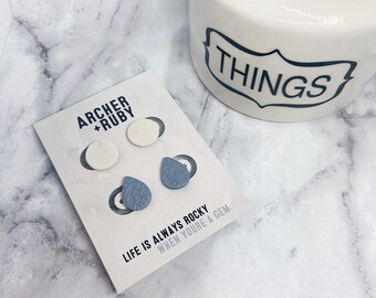 Modern Minimalist Romantic Stocking Stuffer Trend White Glitter Blue Grey Raindrop Polymer Clay Stud Pack Feminine Lightweight Earrings