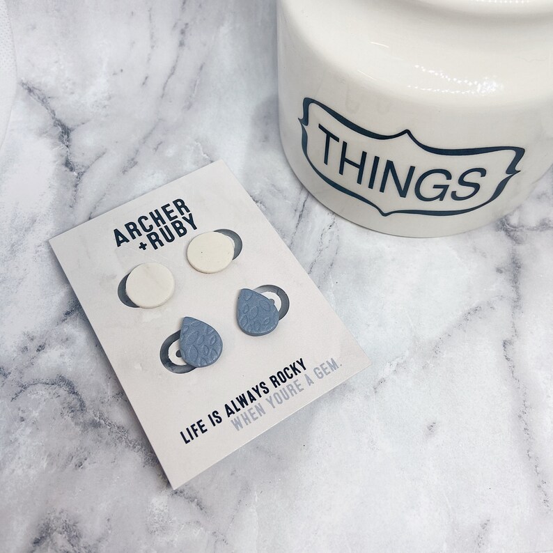 Modern Minimalist Romantic Stocking Stuffer Trend White Glitter Blue Grey Raindrop Polymer Clay Stud Pack Feminine Lightweight Earrings