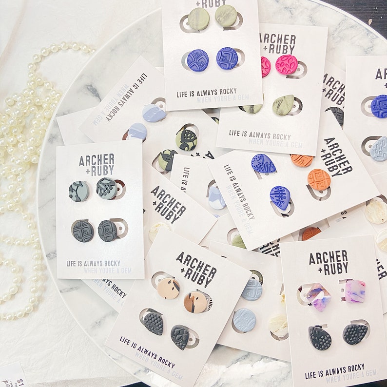 Modern Minimalist Romantic Stocking Stuffer Trend White Glitter Blue Grey Raindrop Polymer Clay Stud Pack Feminine Lightweight Earrings