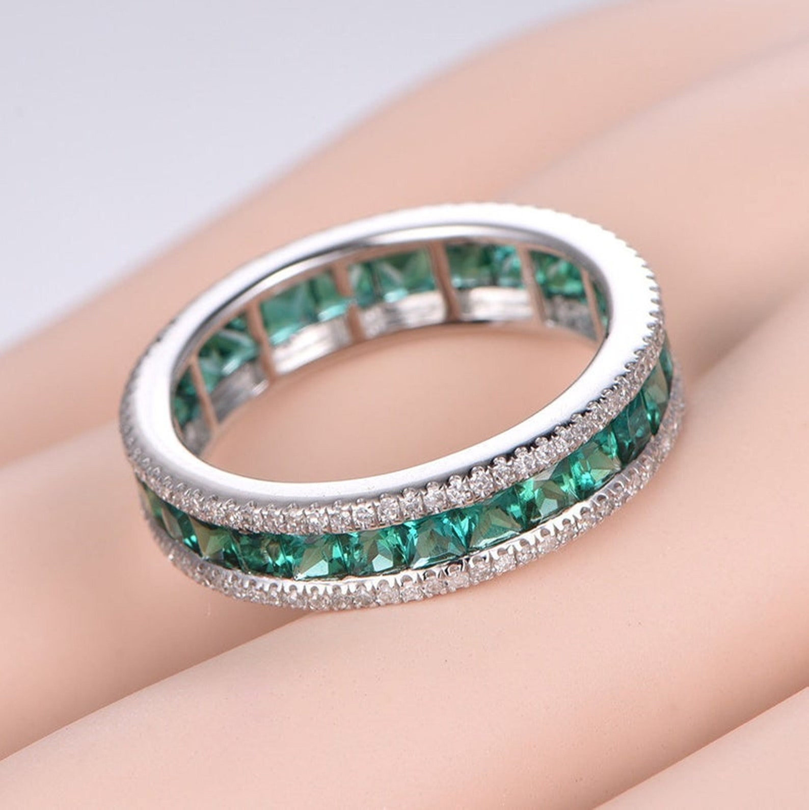 Emerald CZ Diamond Ring Emerald Wedding Band Emerald Full | Etsy