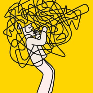 May include: Illustration of a person in white clothing with a black line drawing of tangled lines above their head, set against a bright yellow background. The person appears to be speaking or singing.