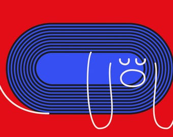 May include: A graphic illustration of a dog lying down. The dog's body is a blue oval with black and blue stripes, set against a red background. White lines depict the dog's features and limbs, creating a simple design.