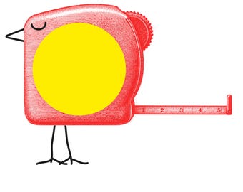 May include: A red tape measure shaped like a bird with a large yellow circle on its side. The tape measure features a black beak and thin black legs. A red measuring tape extends from the side, showing markings up to 12.7 cm in length.