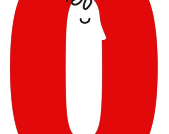May include: A cartoon illustration featuring a white, elongated character with a smiling face and curly hair, set against a red oval. The figure has small black feet, creating a playful and cartoonish design.