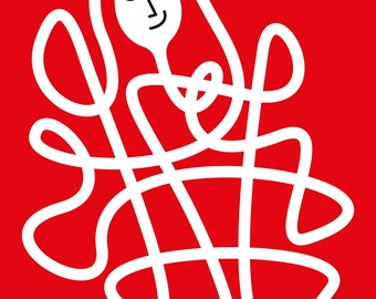 May include: A white line drawing on a solid red background. The continuous line forms a stylised human face with closed eyes and a smile at the top, then loops downwards into an intricate, tangled, and knotted pattern resembling a complex maze.