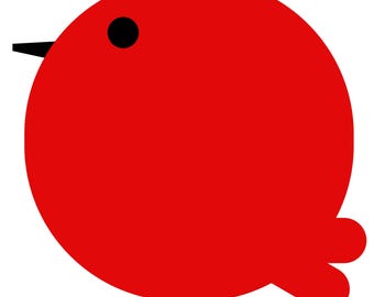 May include: A simple illustration of a red bird with a circular body, a black eye, beak, and feet. The bird is depicted on a white background, creating a clean and striking design.