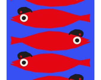 May include: A rectangular graphic print with rounded corners featuring five bright red fish arranged in rows against a solid blue background. Each fish wears a small black beret adorned with a tiny red star and has a white eye.