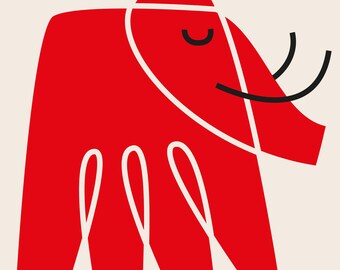 May include: A graphic illustration of a red mammoth featuring white line outlines that define its shape and legs. The mammoth has a closed eye and two curved black tusks extending from its head, set against a light cream background.