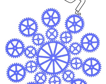 May include: A black line drawing of a person running, positioned atop a large cluster of interconnected blue gears. The gears are arranged in a circular pattern, with one central large gear surrounded by multiple smaller gears of varying sizes.