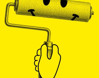 May include: A paint roller with a textured yellow surface featuring a black graphic of two eyes and a curved smile. The roller is attached to a metal frame and a handle, set against a solid bright yellow background with a bold black outline.