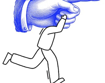 May include: A stylised illustration featuring a large, blue, cross-hatched hand with a cuff pointing to the right, positioned above a simple black-and-white line drawing of a person running. The hand appears to be guiding or directing the figure.