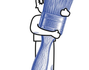 May include: A black and white line drawing of a figure holding a large, blue, textured paintbrush. The brush features detailed cross-hatching and a prominent ferrule. The figure has a simple outline, with a small star-like shape near the head area.