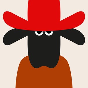 May include: A cartoon illustration of a black sheep wearing a bright red cowboy hat and an orange shirt. The sheep has white eyes and a simple, minimalist design against a cream background.