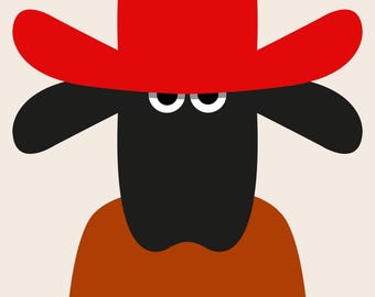 May include: A cartoon illustration of a black sheep wearing a bright red cowboy hat and an orange shirt. The sheep has white eyes and a simple, minimalist design against a cream background.