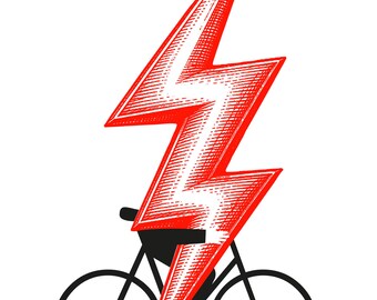 May include: A graphic illustration featuring a black silhouette of a bicycle overlaid with a large, vibrant red lightning bolt. The lightning bolt design incorporates detailed cross-hatching lines, creating a textured appearance against the solid black bicycle frame.