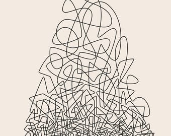 May include: A black line art illustration on a light beige background featuring a person sitting at the peak of a large, triangular mountain shape composed of dense, tangled, and chaotic scribbled lines that form a complex, knotted structure.