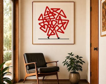 May include: An interior hallway with a framed abstract art piece featuring red triangles on a cream background. A black leather armchair sits on a patterned rug. A potted plant and a wooden door are also visible.