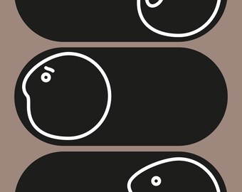 May include: Three black, oval designs with white outlines and a smiling face graphic. The designs are stacked vertically against a brown background. The top and bottom designs have a smiling face, the middle one a surprised face.