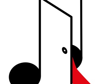 May include: A creative illustration featuring a musical note shape with a door. A figure with a black head and red clothing is emerging from the door. The design is mainly black and white with a splash of red.