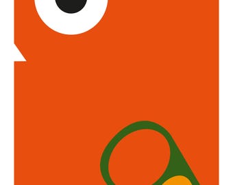 May include: Abstract orange design with a large white circle and black dot, resembling an eye. A green and yellow shape with a red dot is below. The design has rounded corners and a minimalist style.